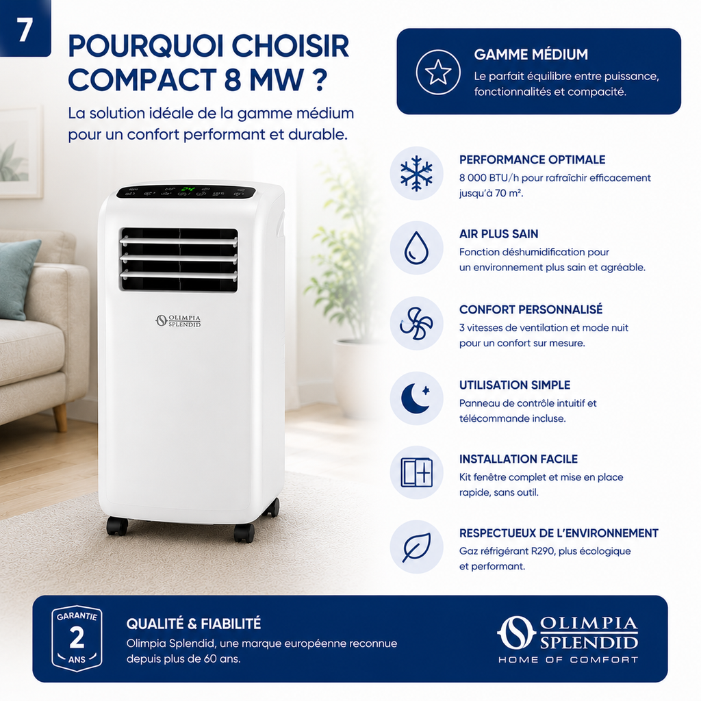 Climatiseur mobile - Olimpia Splendid Compact 8 MW - Gamme Médium