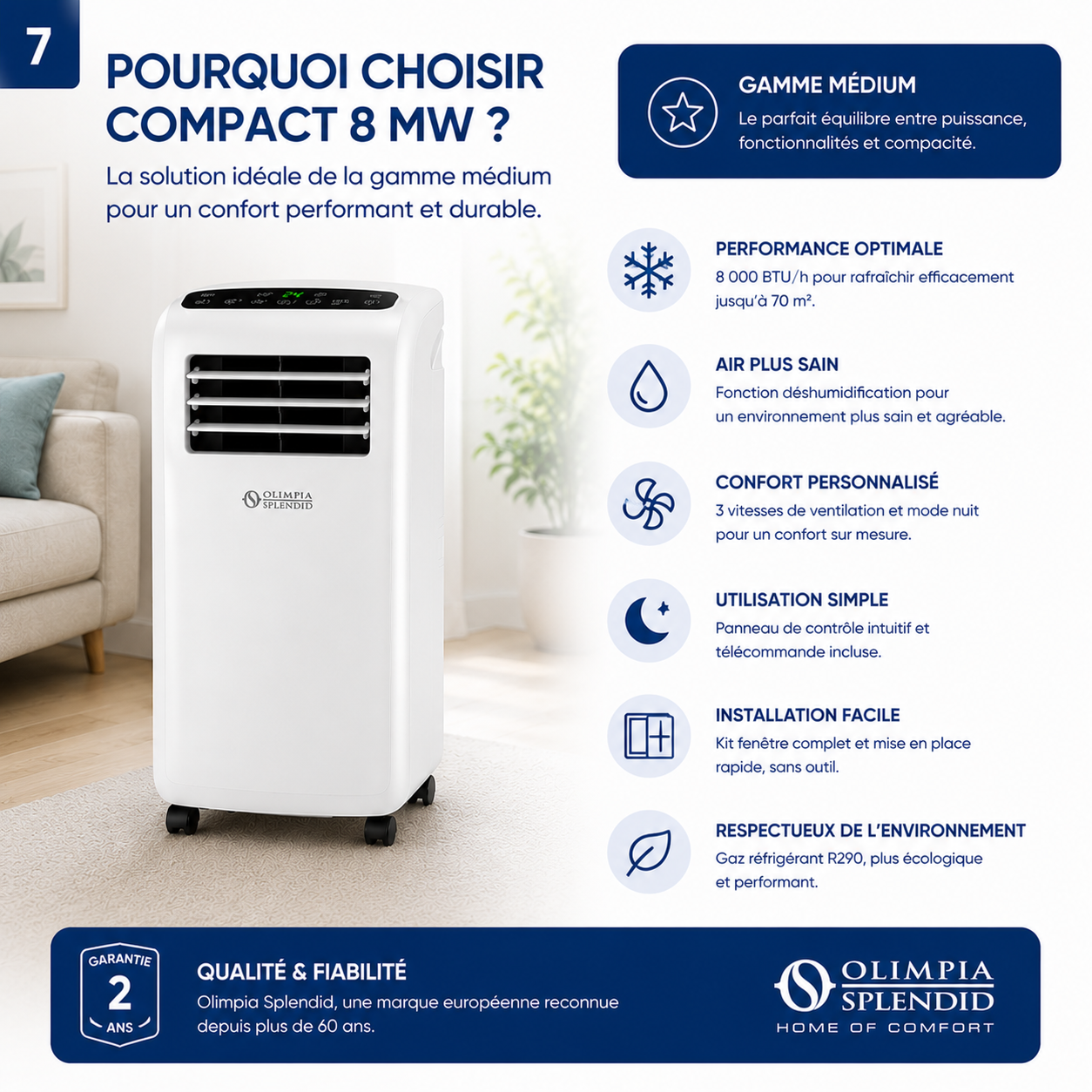 Climatiseur mobile - Olimpia Splendid Compact 8 MW - Gamme Médium