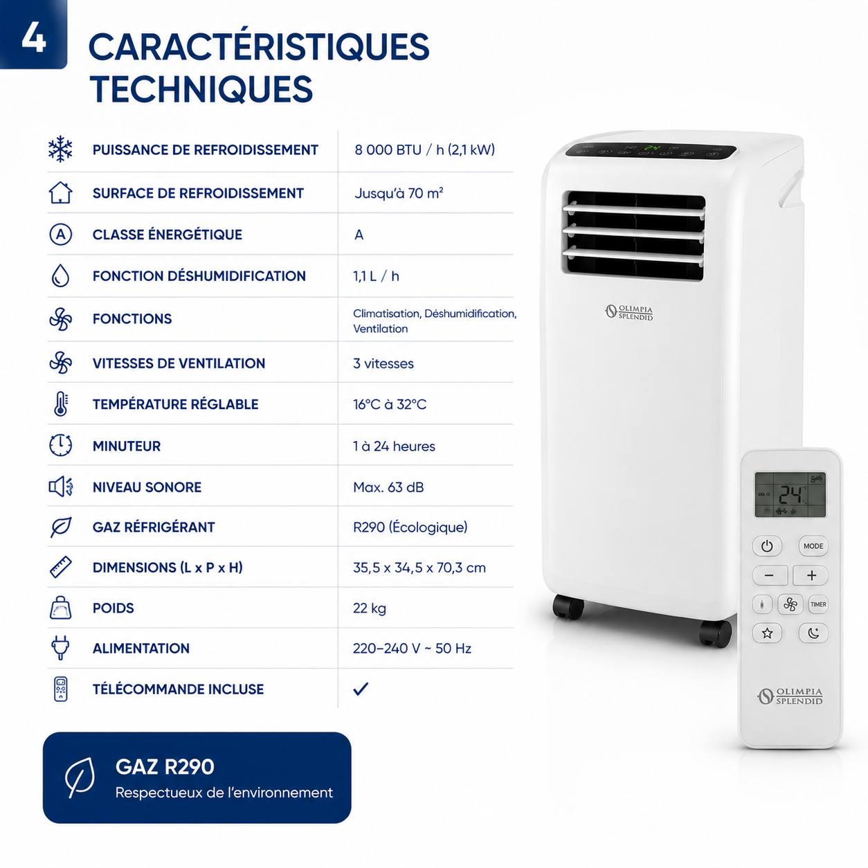 Climatiseur mobile - Olimpia Splendid Compact 8 MW - Gamme Médium