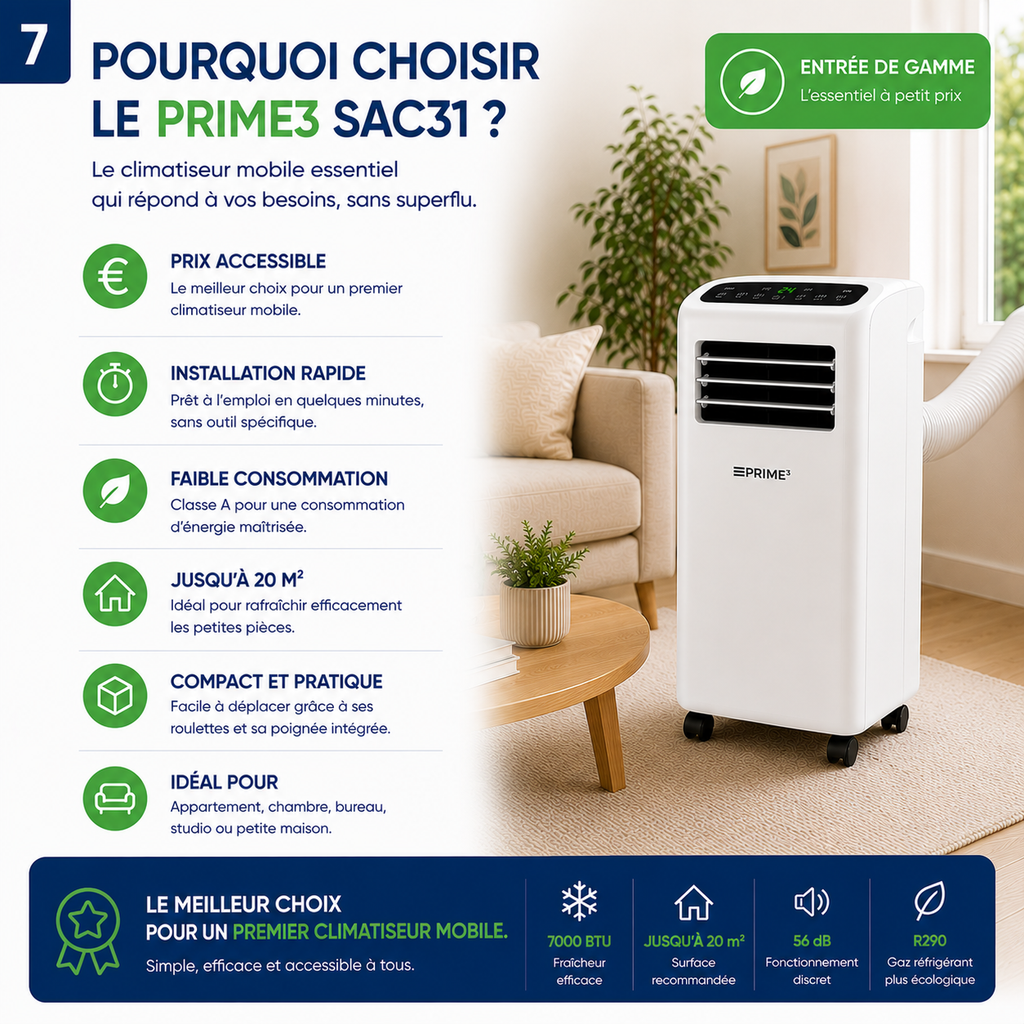 Climatiseur mobile - Prime3 SAC31 - Entrée de gamme