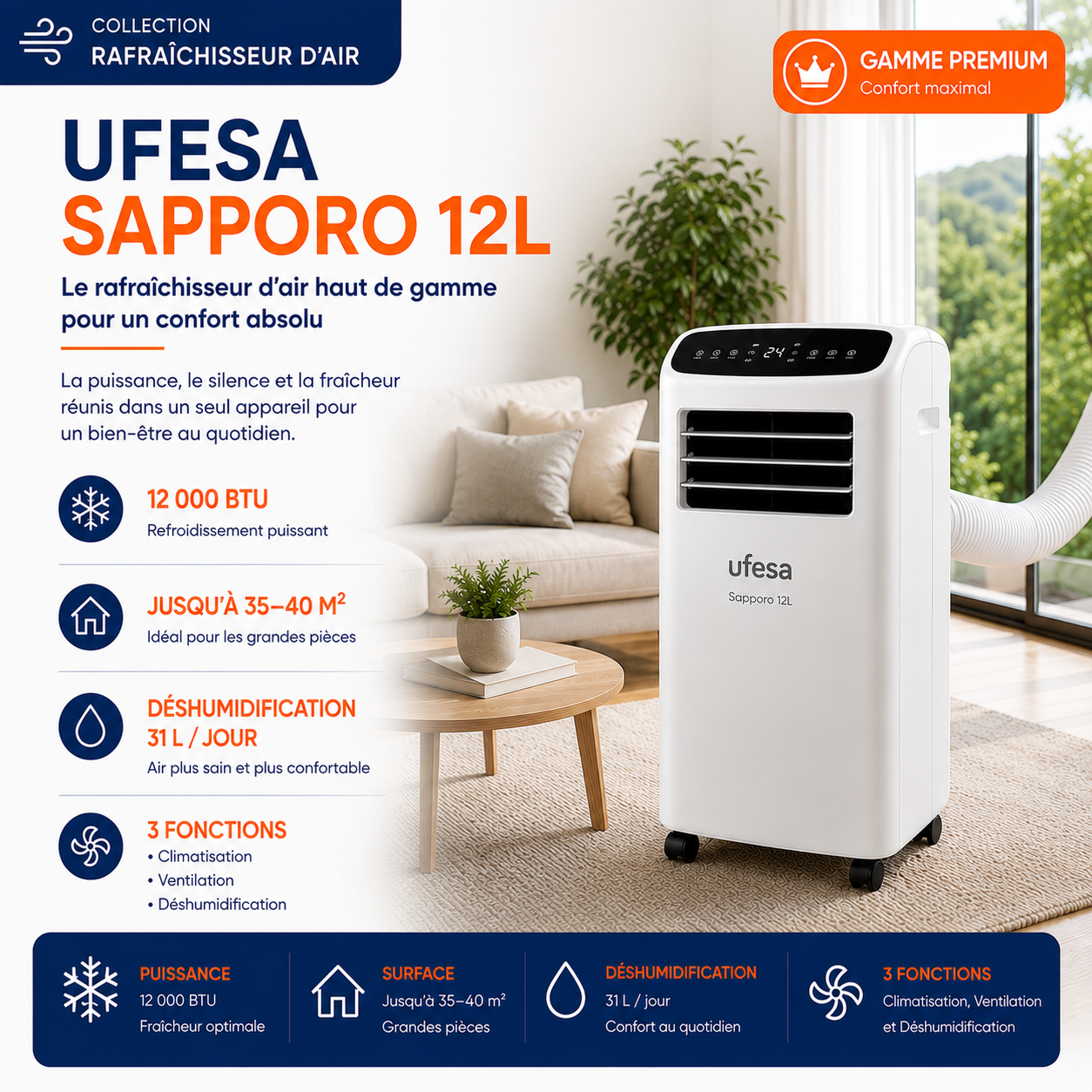 Rafraîchisseur d'air mobile - UFESA SAPPORO 12L - Gamme Premium