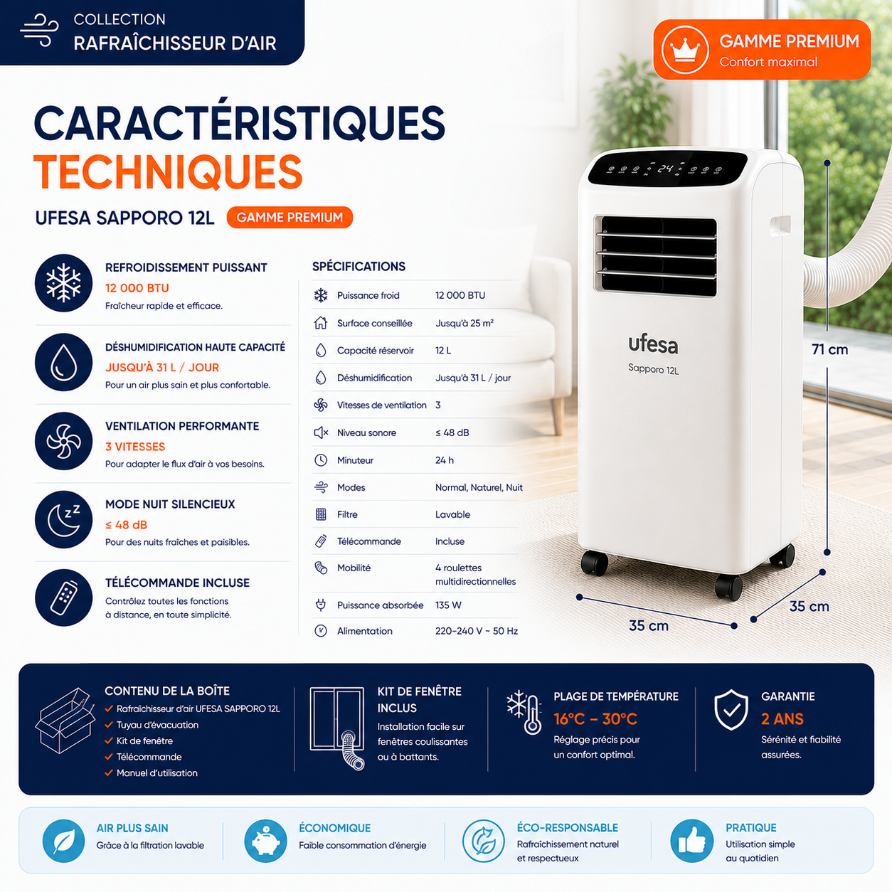 Rafraîchisseur d'air mobile - UFESA SAPPORO 12L - Gamme Premium