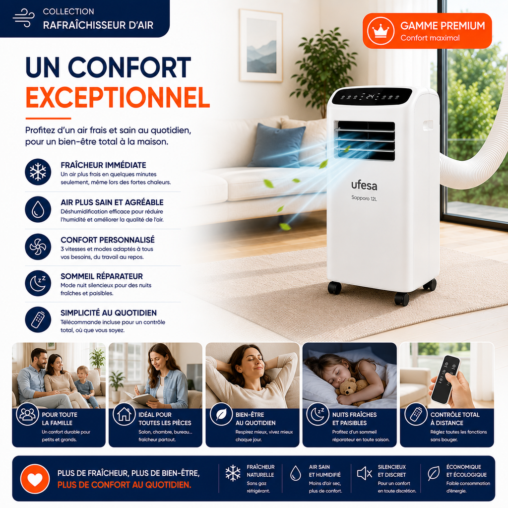 Rafraîchisseur d'air mobile - UFESA SAPPORO 12L - Gamme Premium