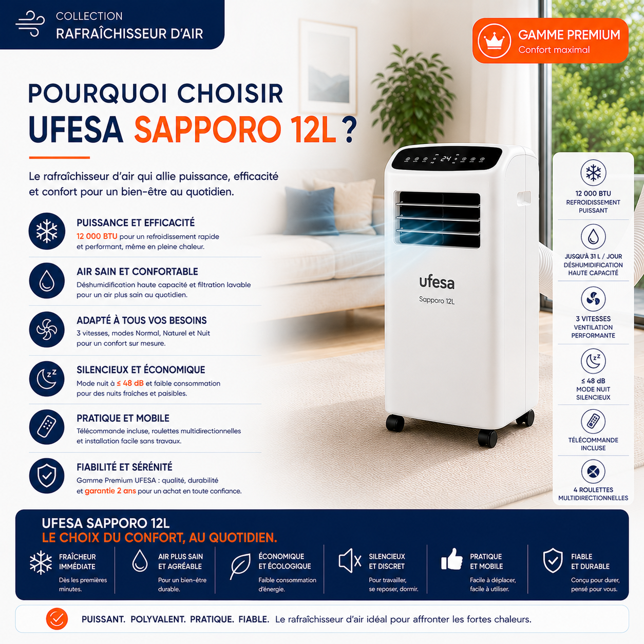 Rafraîchisseur d'air mobile - UFESA SAPPORO 12L - Gamme Premium